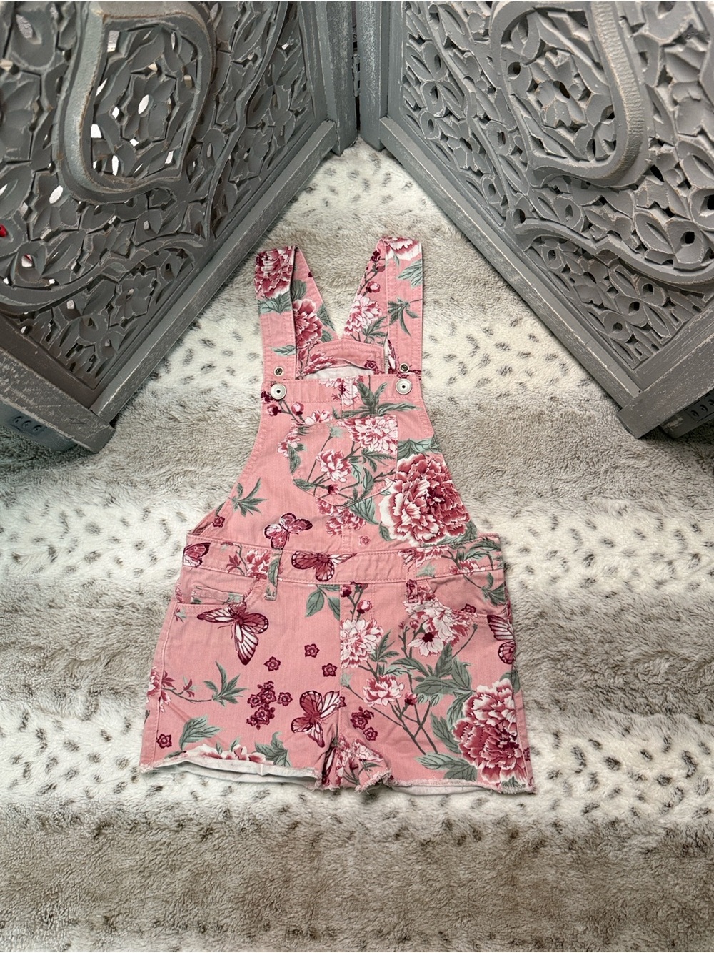The Children’s Place pink denim overalls girls size 6 pastel floral jeans school